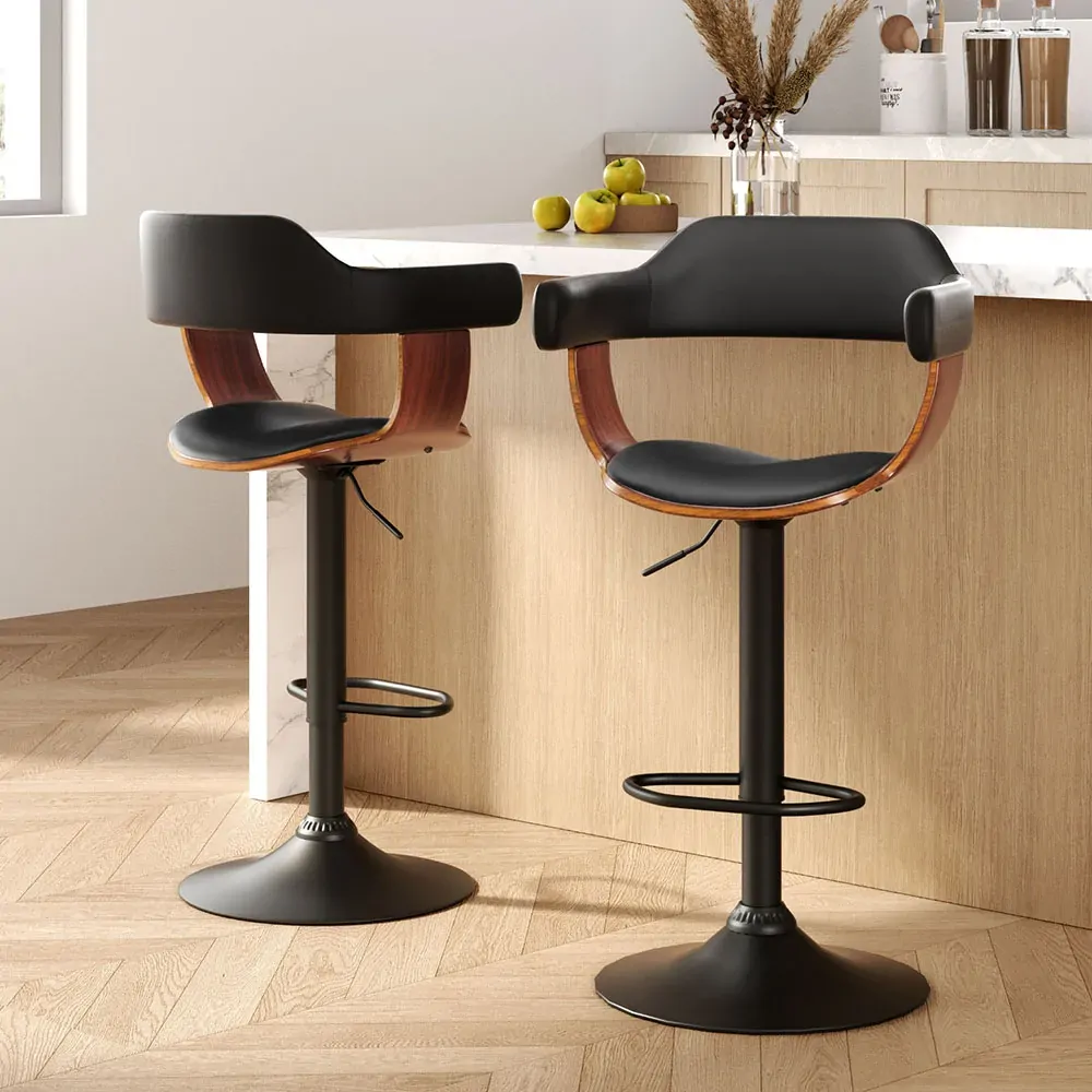 2x Bar Stools Gas Lift Leather w/Armrest All Black 2x Bar Stools Gas Lift Leather w/Armrest All Black