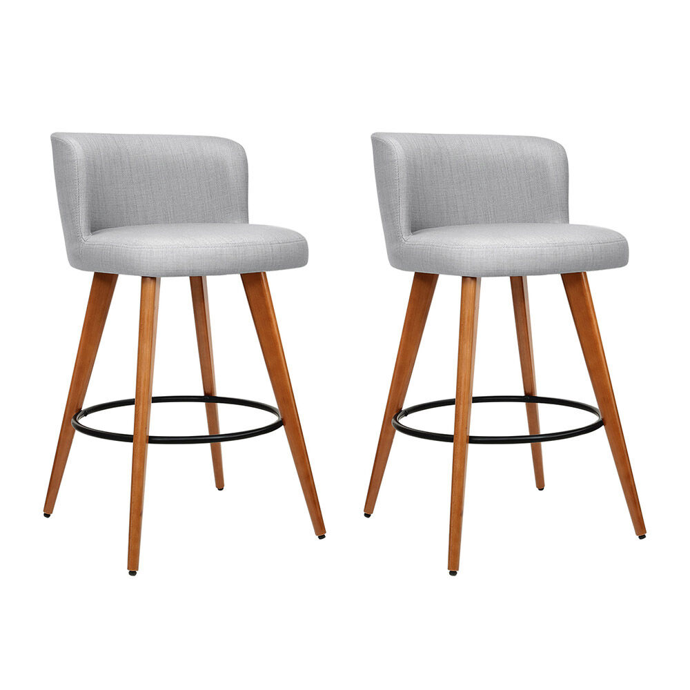 Artiss 2x Bar Stools Linen Padded Wooden Grey Artiss 2x Bar Stools Linen Padded Wooden Grey
