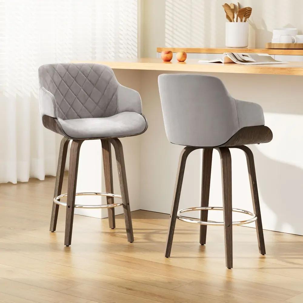 2x Bar Stools Swivel Velvet Padded Wooden 2x Bar Stools Swivel Velvet Padded Wooden