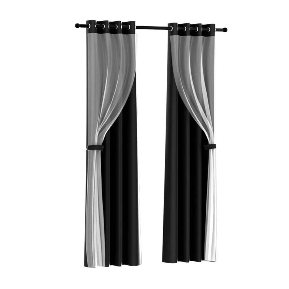 2X 132x304cm Blockout Sheer Curtains Black 2X 132x304cm Blockout Sheer Curtains Black
