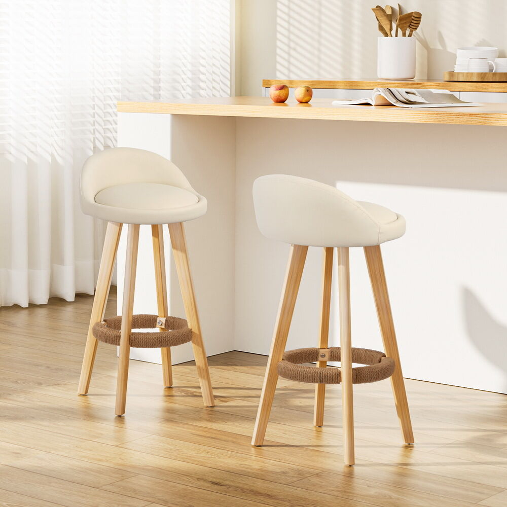 Artiss 2x Bar Stools Padded Leather Wooden Beige Artiss 2x Bar Stools Padded Leather Wooden Beige