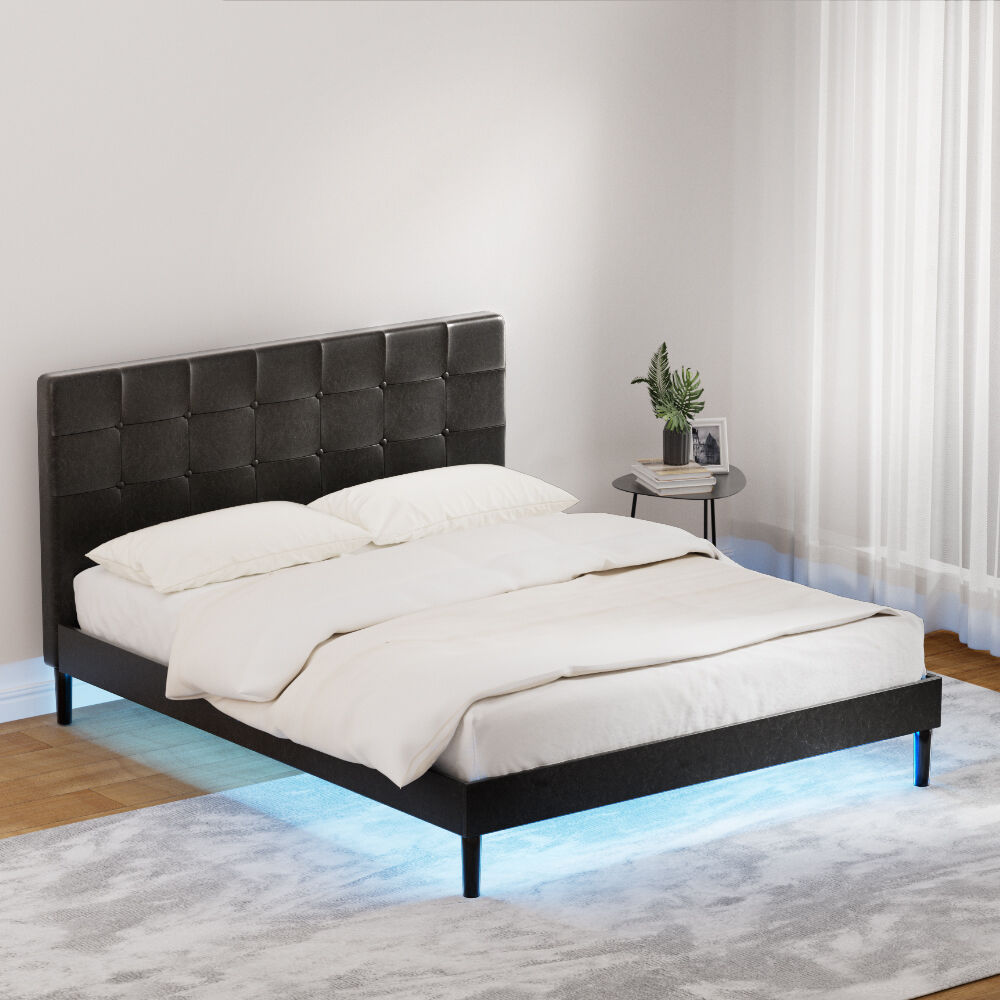 Bed Frame Queen Bed Base w LED Lights Charge Ports Black Leather RAVI Bed Frame Queen Bed Base w LED Lights Charge Ports Black Leather RAVI