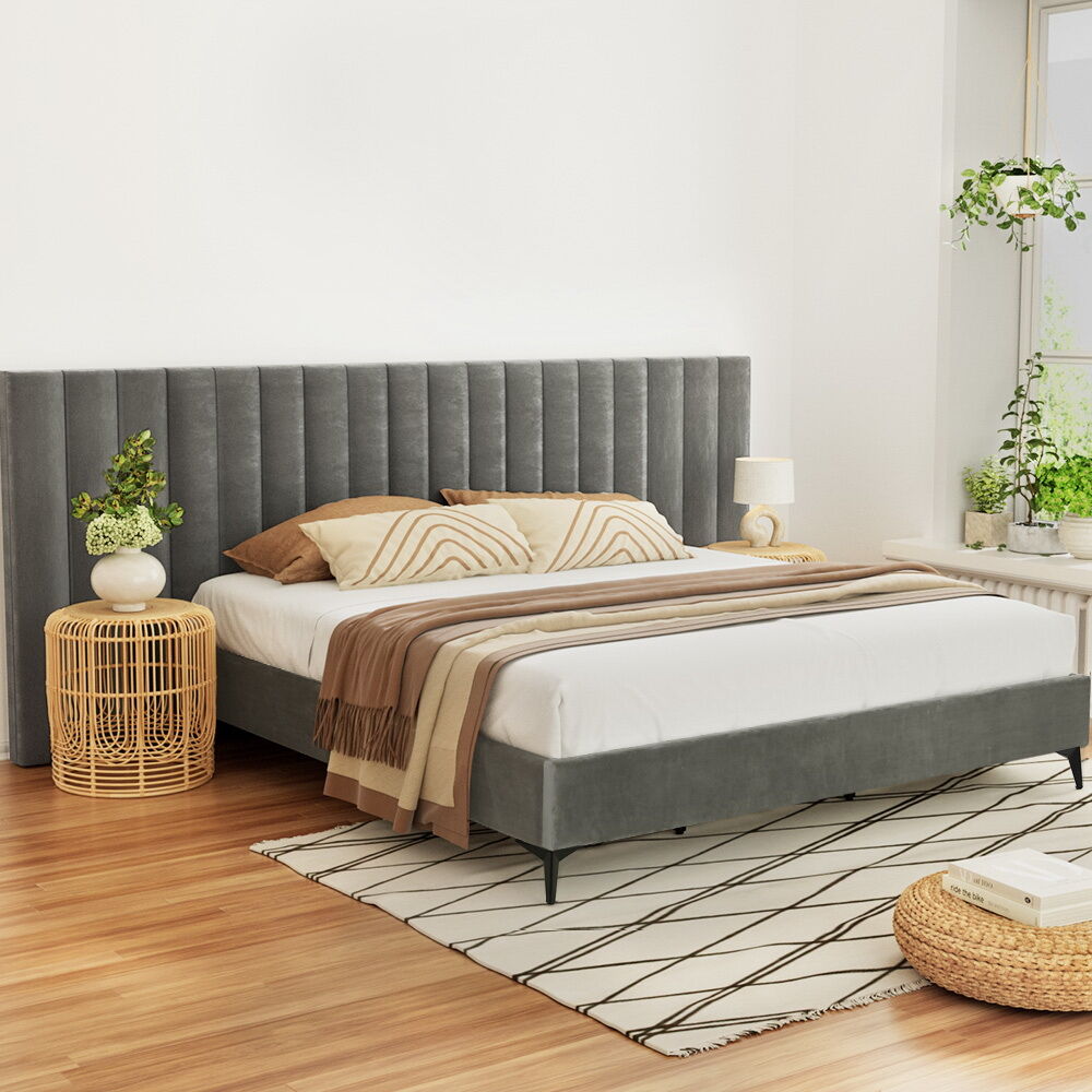Bed Frame King Size Bed Base w Oversized Headboard Velvet Fabric Grey Bed Frame King Size Bed Base w Oversized Headboard Velvet Fabric Grey