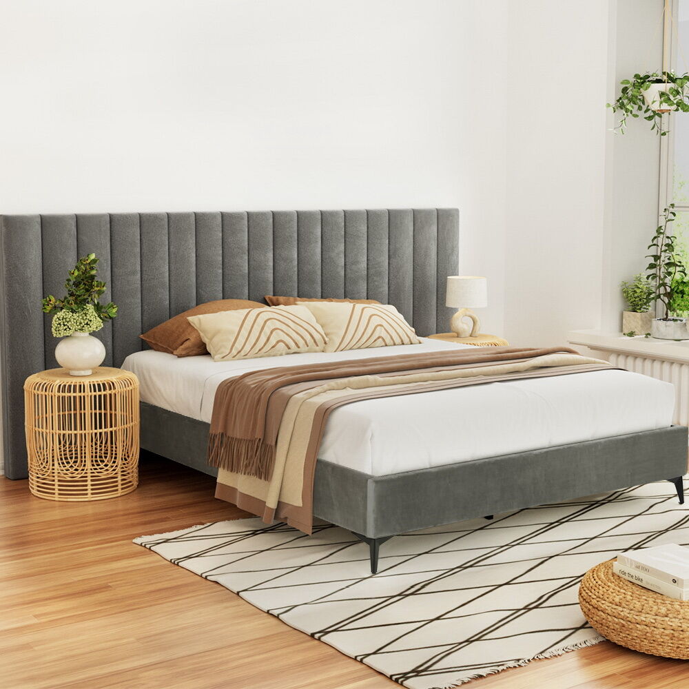 Bed Frame Queen Size Bed Base w Oversized Headboard Velvet Fabric Grey Bed Frame Queen Size Bed Base w Oversized Headboard Velvet Fabric Grey