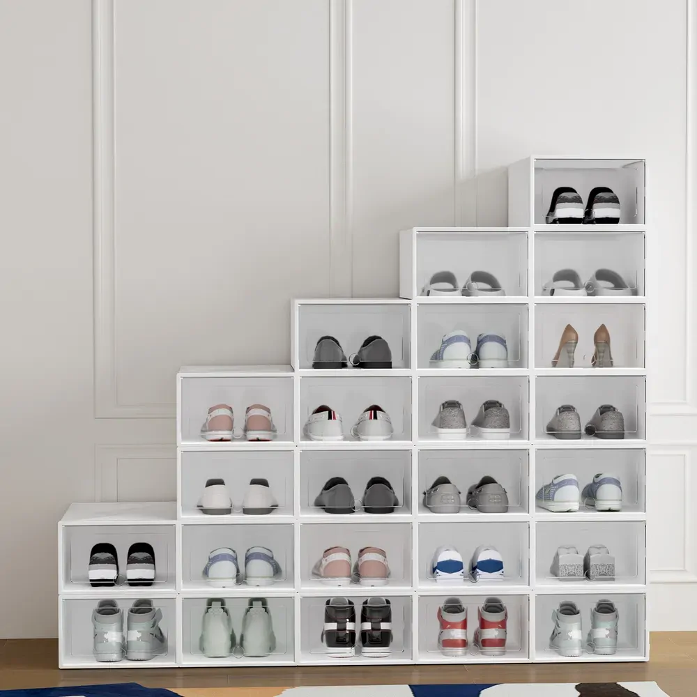 Shoe Box Set of 24 Storage Case Stackable Plastic Shoe Cabinet Cube White Shoe Box Set of 24 Storage Case Stackable Plastic Shoe Cabinet Cube White
