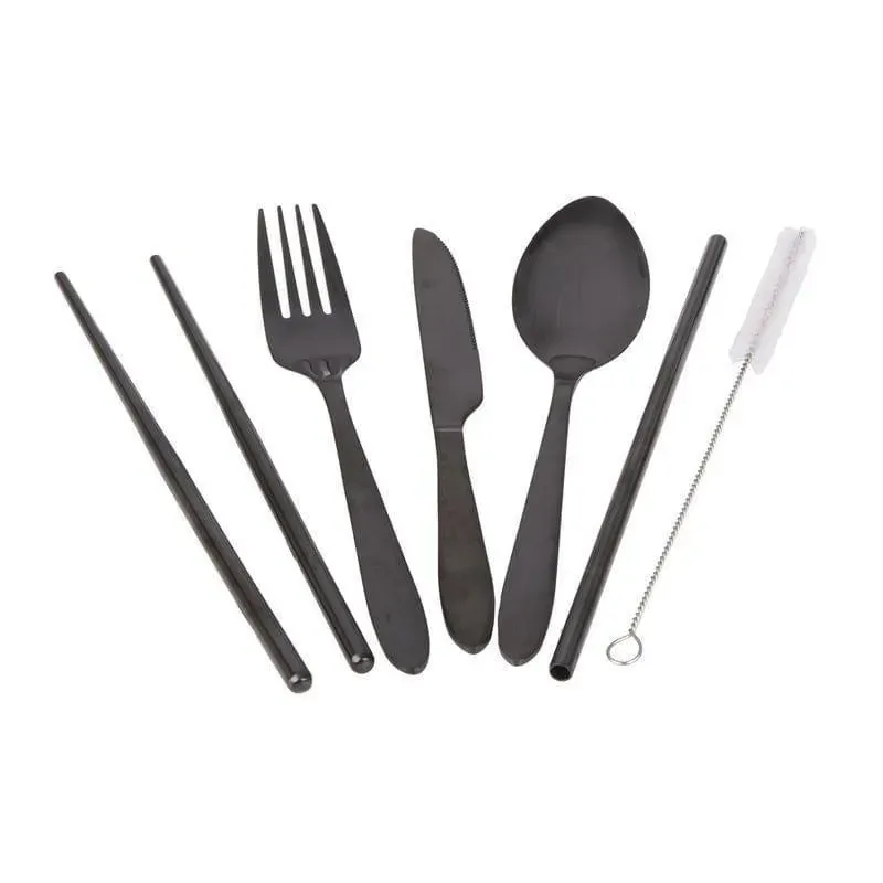 ? Stainless Steel Traveller?s Cutlery Set in Zippered Pouch Black ? Stainless Steel Traveller?s Cutlery Set in Zippered Pouch Black