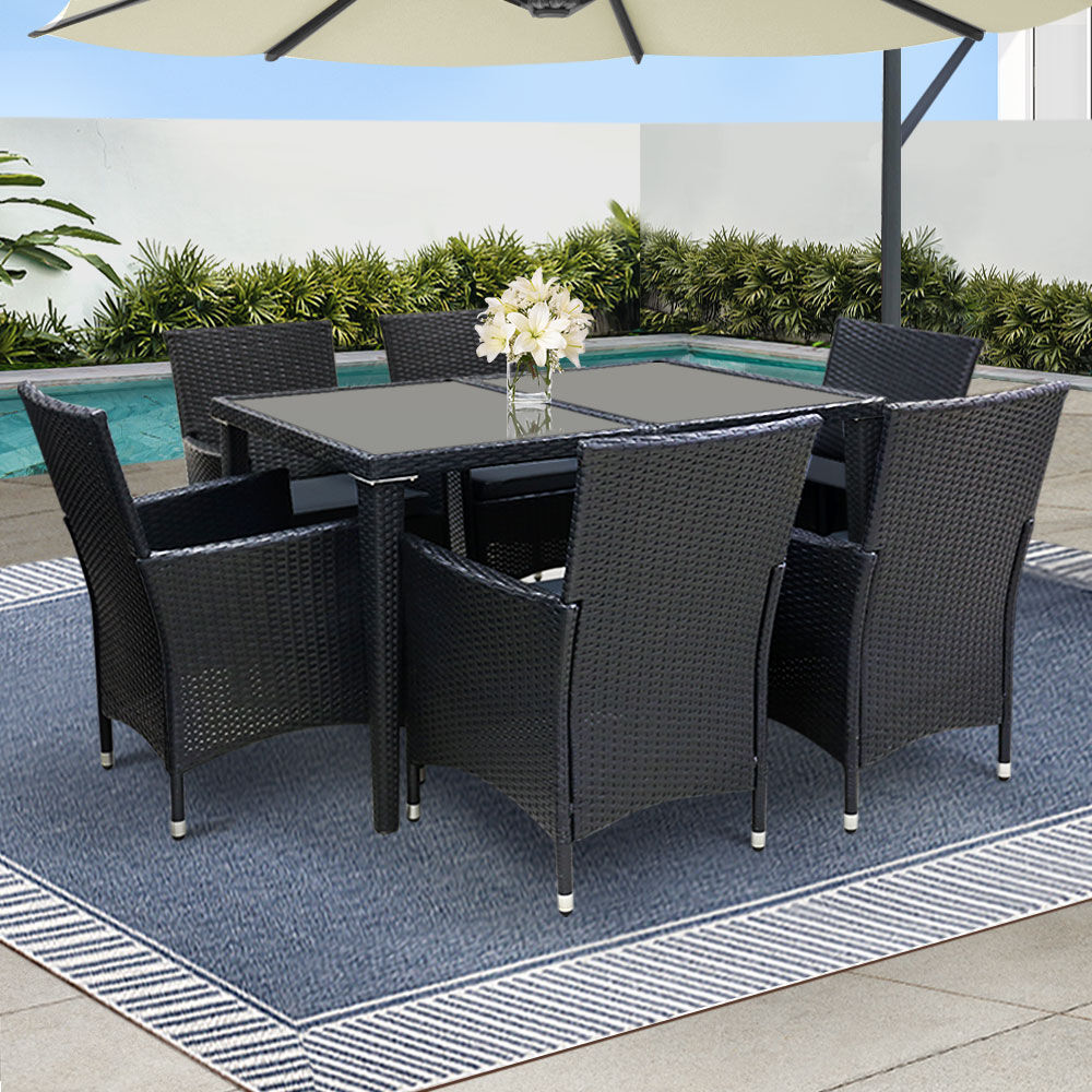 Gardeon Outdoor Dining Set 7 Piece Wicker Lounge Setting Black Gardeon Outdoor Dining Set 7 Piece Wicker Lounge Setting Black