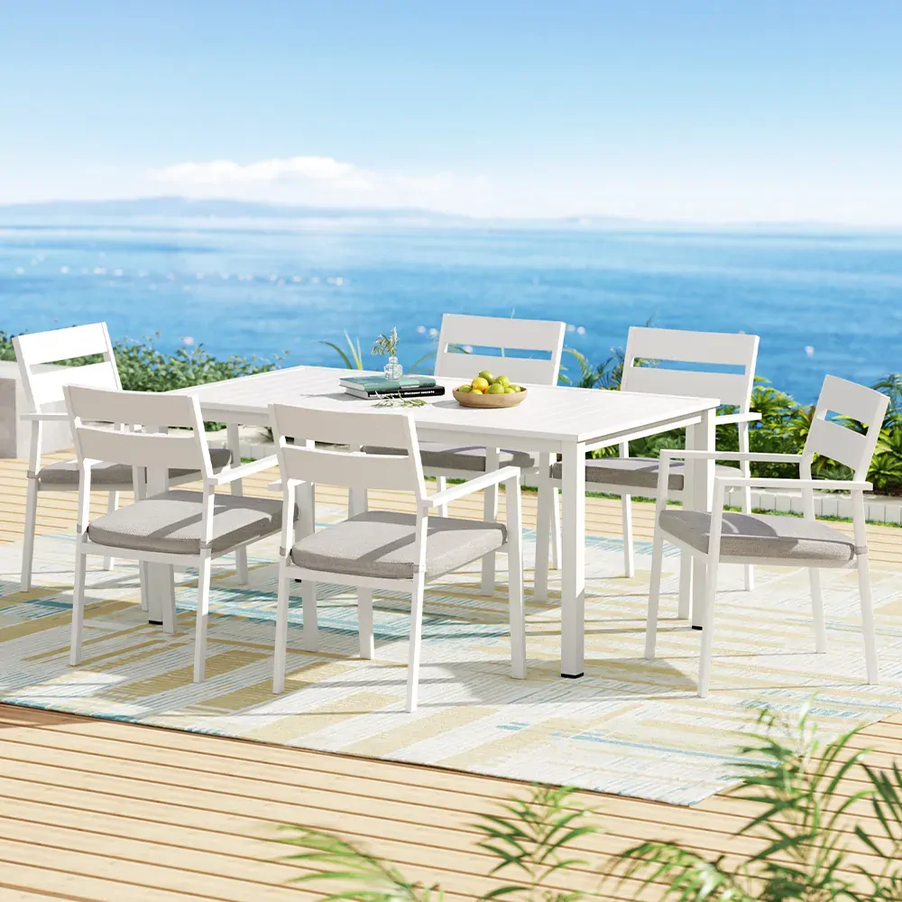 Outdoor Dining Set 7 Piece Aluminum Table Chairs Setting White Outdoor Dining Set 7 Piece Aluminum Table Chairs Setting White