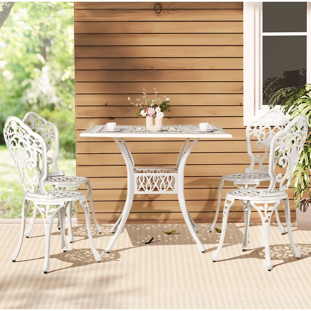 Gardeon Outdoor Dining Set 5 Piece Chairs Table Cast Aluminum Patio White Gardeon Outdoor Dining Set 5 Piece Chairs Table Cast Aluminum Patio White