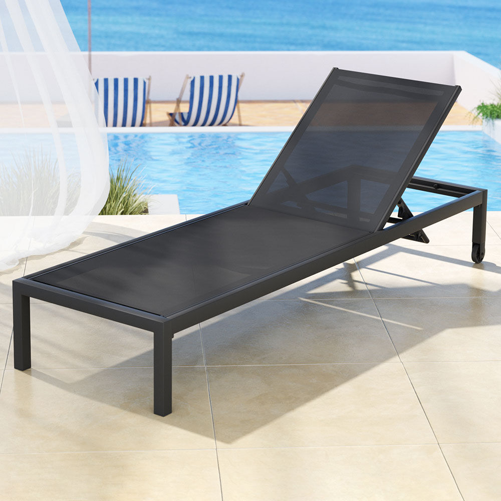Gardeon Sun Lounge Outdoor Lounger Aluminium Folding Beach Chair Wheels Black Gardeon Sun Lounge Outdoor Lounger Aluminium Folding Beach Chair Wheels Black