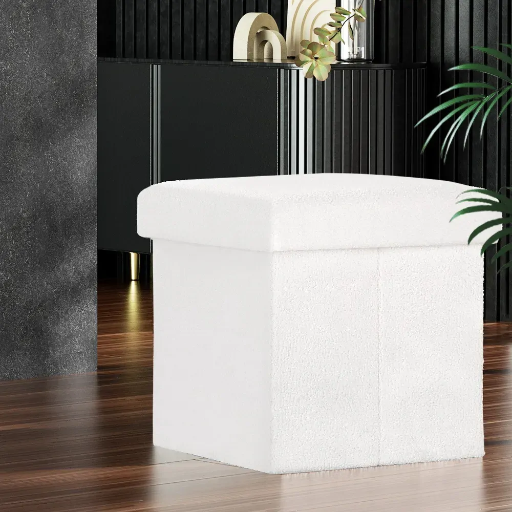 Ottoman Storage Foot Stool Square Teddy Fabric White Ottoman Storage Foot Stool Square Teddy Fabric White