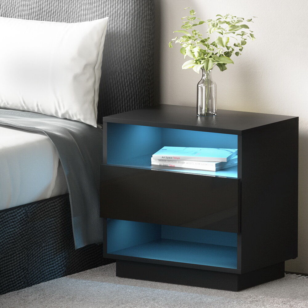 Artiss Bedside Table LED with 2 Shelves - HANA Black Artiss Bedside Table LED with 2 Shelves - HANA Black