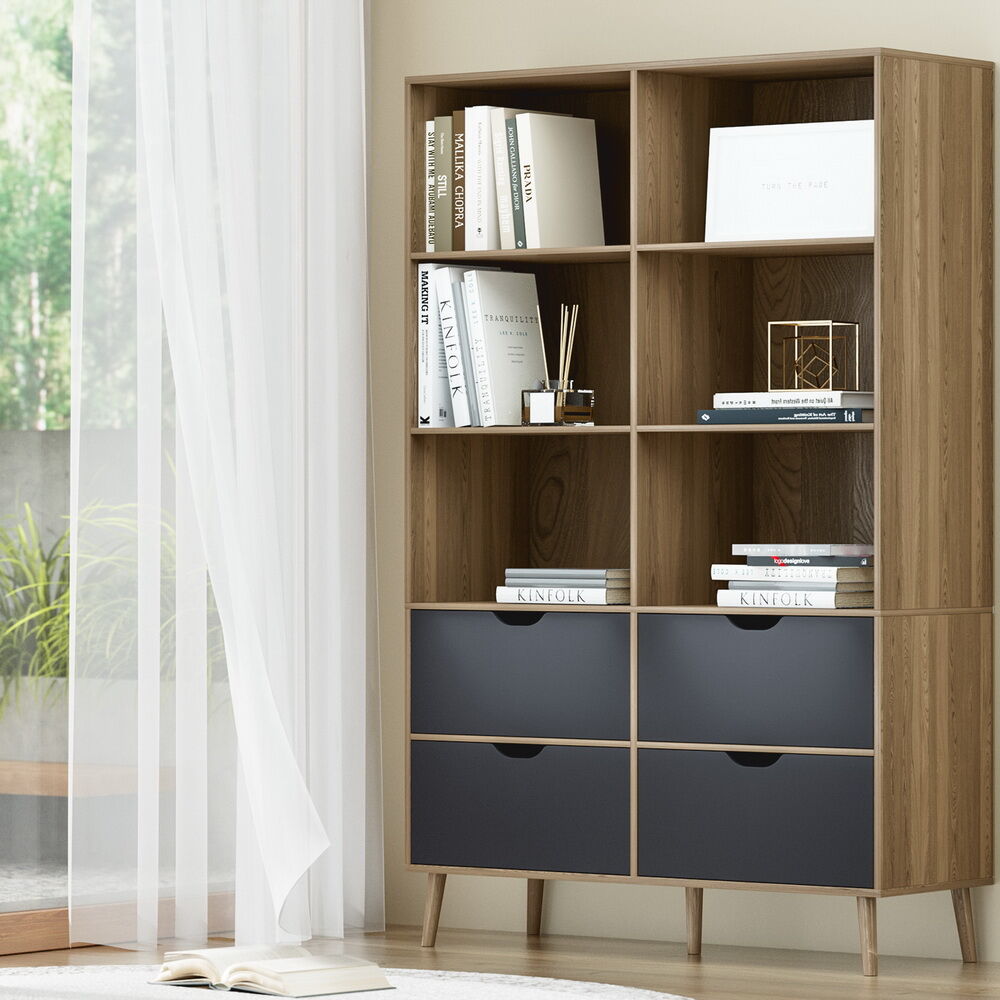 Bookshelf with 4 Drawers - MITZI Oak and Blue Bookshelf with 4 Drawers - MITZI Oak and Blue