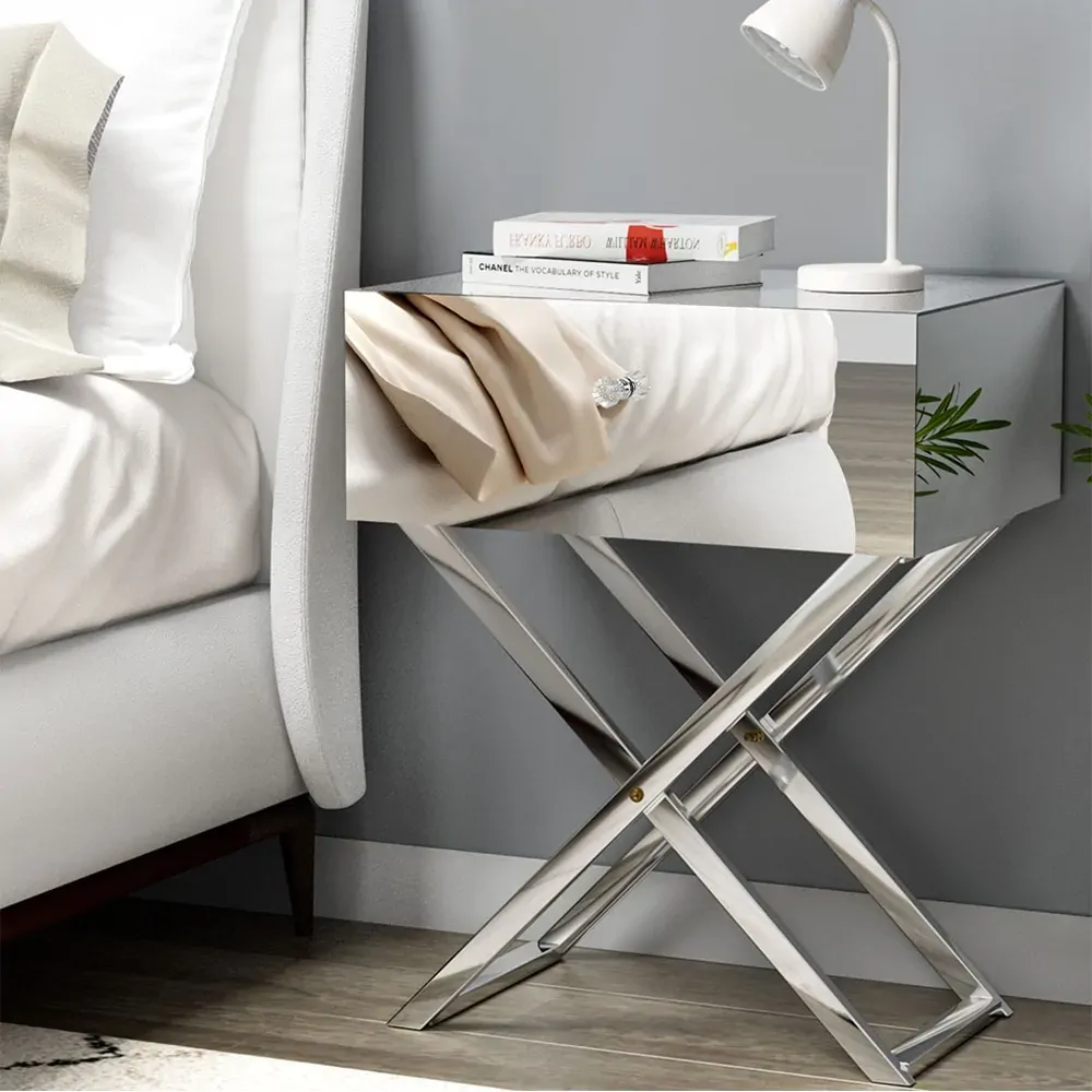 Mirrored Bedside Table Drawers Side Table Storage Nightstand Silver MOCO Mirrored Bedside Table Drawers Side Table Storage Nightstand Silver MOCO