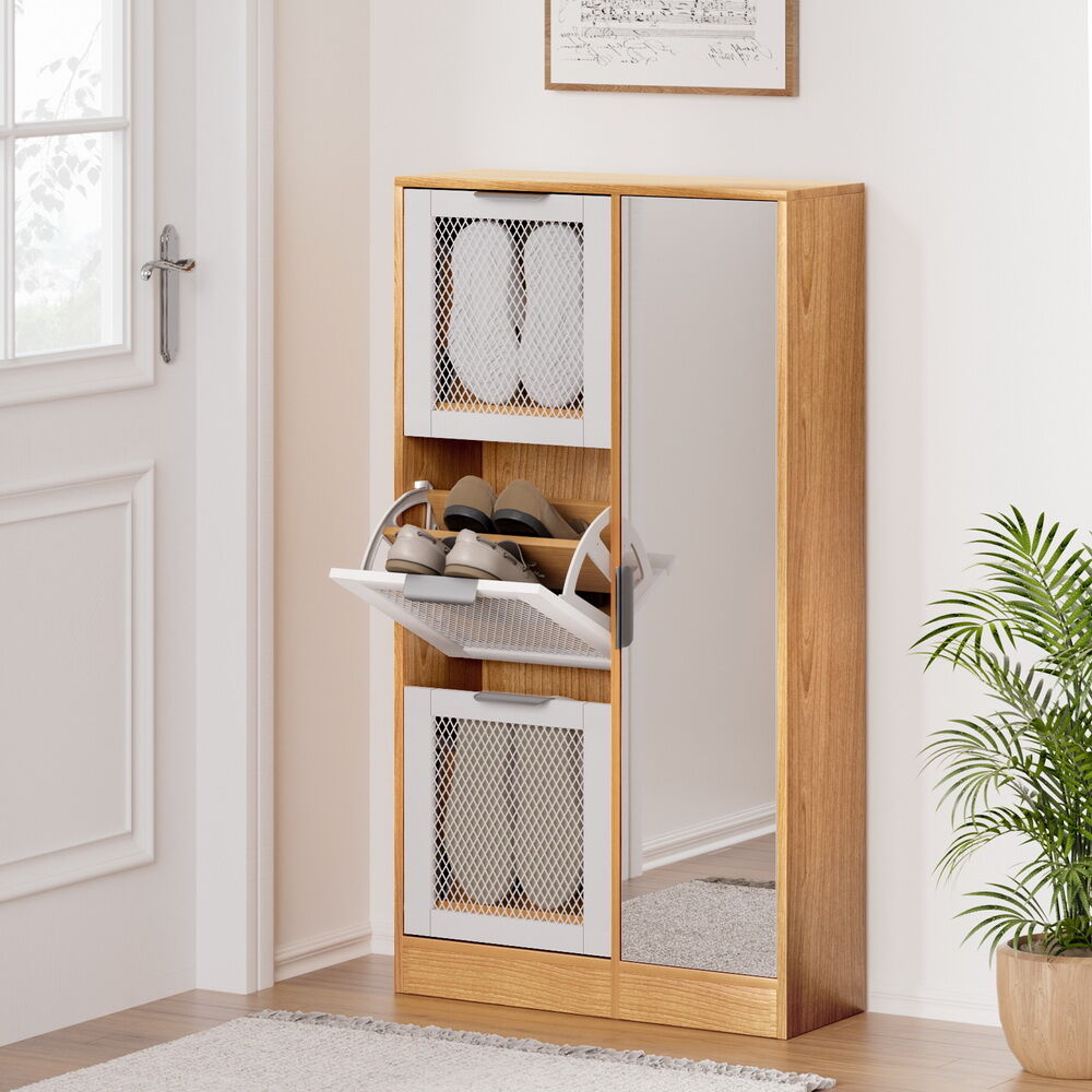 Artiss Shoe Rack Cabinet Mirror White Artiss Shoe Rack Cabinet Mirror White