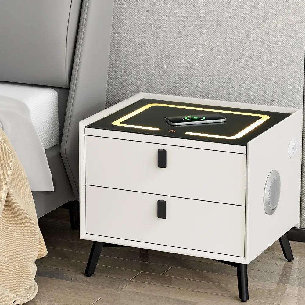 Smart Bedside Table 2 Drawers with Wireless Charging Ports LED White AIKA Smart Bedside Table 2 Drawers with Wireless Charging Ports LED White AIKA