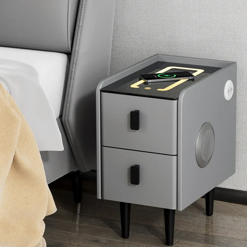 Smart Bedside Table 2 Drawers with Wireless Charging Ports LED Grey AIDA Smart Bedside Table 2 Drawers with Wireless Charging Ports LED Grey AIDA