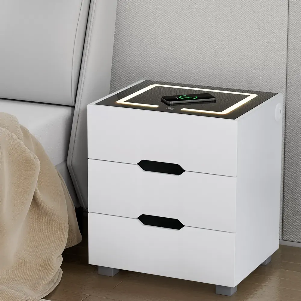 Smart Bedside Table 3 Drawers with Wireless Charging Ports LED White ADAD Smart Bedside Table 3 Drawers with Wireless Charging Ports LED White ADAD