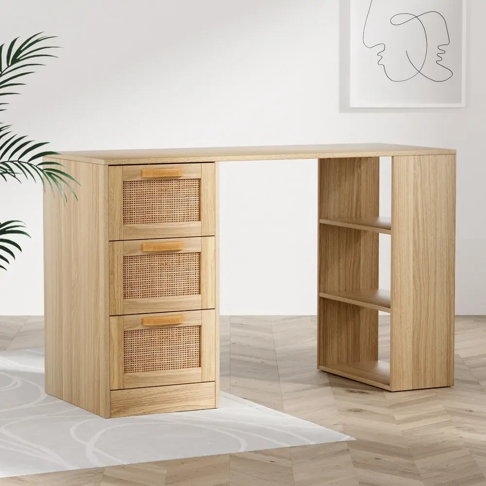 Computer Desk Drawer Shelf Home Office Study Table Rattan Oak 120CM Computer Desk Drawer Shelf Home Office Study Table Rattan Oak 120CM