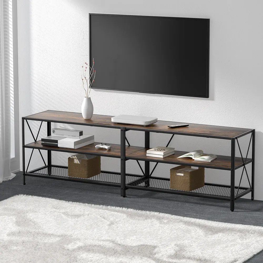 Entertainment Unit TV Stand 3-tier Display Shelves Vintage Rustic Walnut Entertainment Unit TV Stand 3-tier Display Shelves Vintage Rustic Walnut