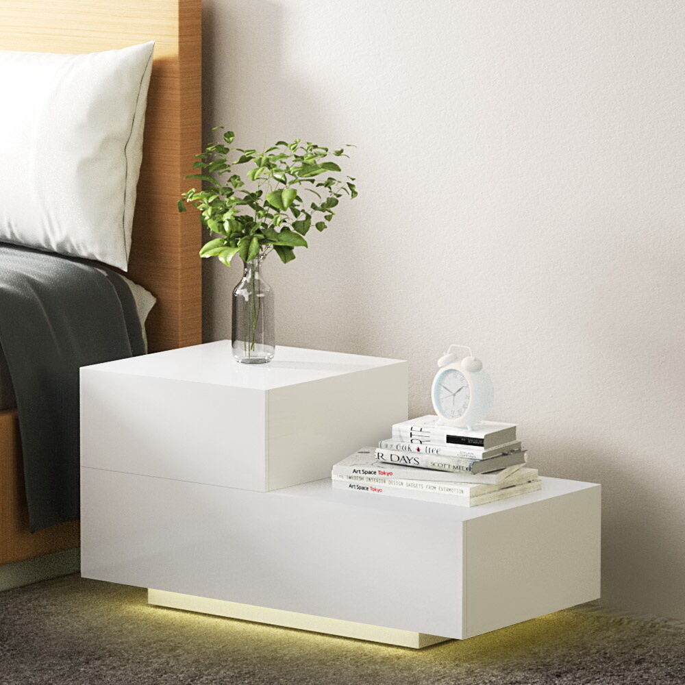 Artiss Bedside Tables LED 2 Drawers - REMI White Artiss Bedside Tables LED 2 Drawers - REMI White