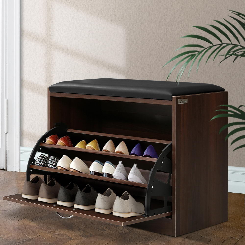 Artiss Shoe Rack Cabinet Bench15 Pairs Walnut Kyla Artiss Shoe Rack Cabinet Bench15 Pairs Walnut Kyla