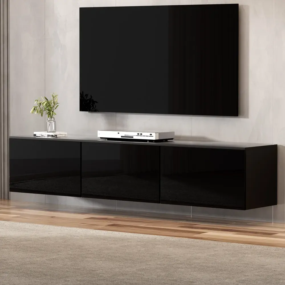 Floating Entertainment Unit TV Cabinet High Glossy Black 3 Cabinets 200CM Floating Entertainment Unit TV Cabinet High Glossy Black 3 Cabinets 200CM