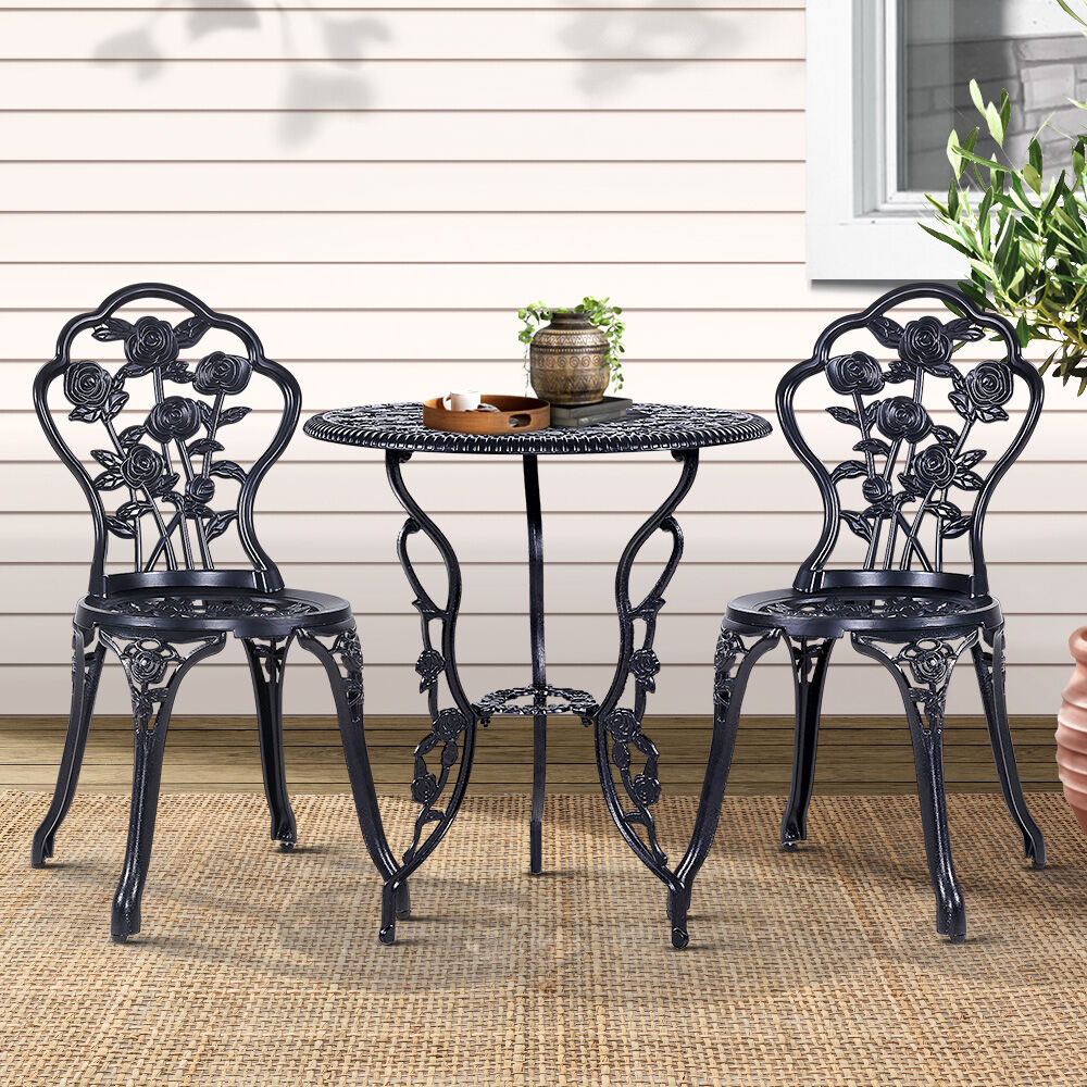 Gardeon 3PC Outdoor Setting Bistro Set Chairs Table Cast Aluminum Rose Black Gardeon 3PC Outdoor Setting Bistro Set Chairs Table Cast Aluminum Rose Black