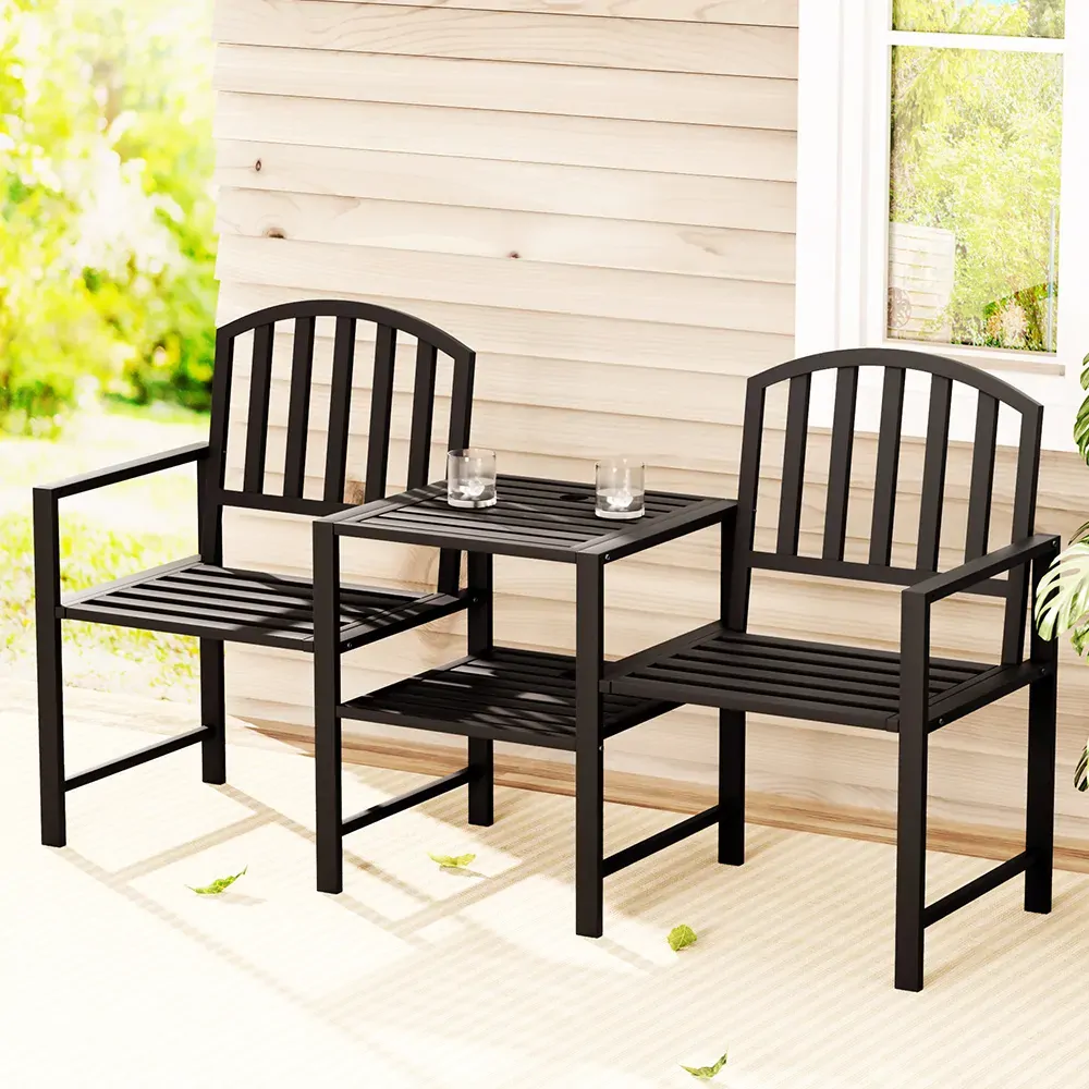 Outdoor Garden Bench Seat Loveseat Steel Table Chairs Patio Furniture Black Outdoor Garden Bench Seat Loveseat Steel Table Chairs Patio Furniture Black