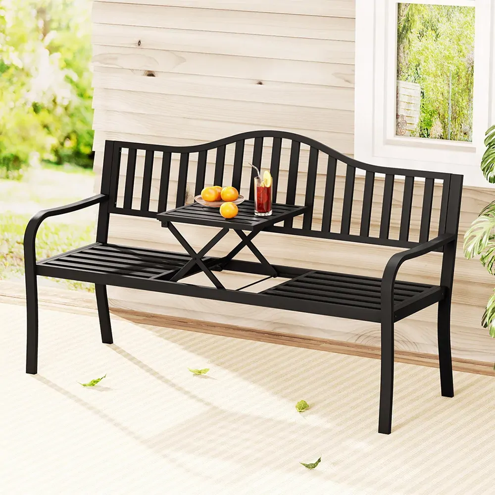 Outdoor Garden Bench Seat Loveseat Steel Foldable Table Patio Furniture Black Outdoor Garden Bench Seat Loveseat Steel Foldable Table Patio Furniture Black