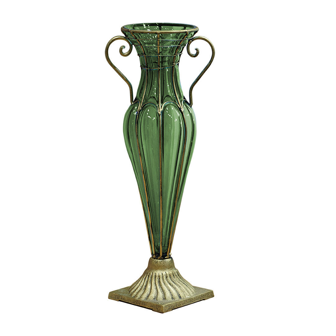 green colored european glass flower vase solid base with two gold metal handle green colored european glass flower vase solid base with two gold metal handle