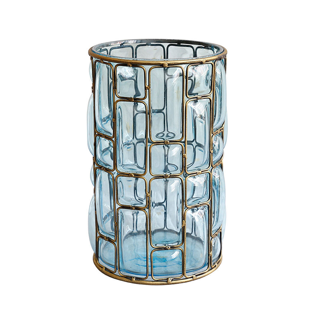 blue colored european glass cylinder flower vase with gold metal pattern blue colored european glass cylinder flower vase with gold metal pattern