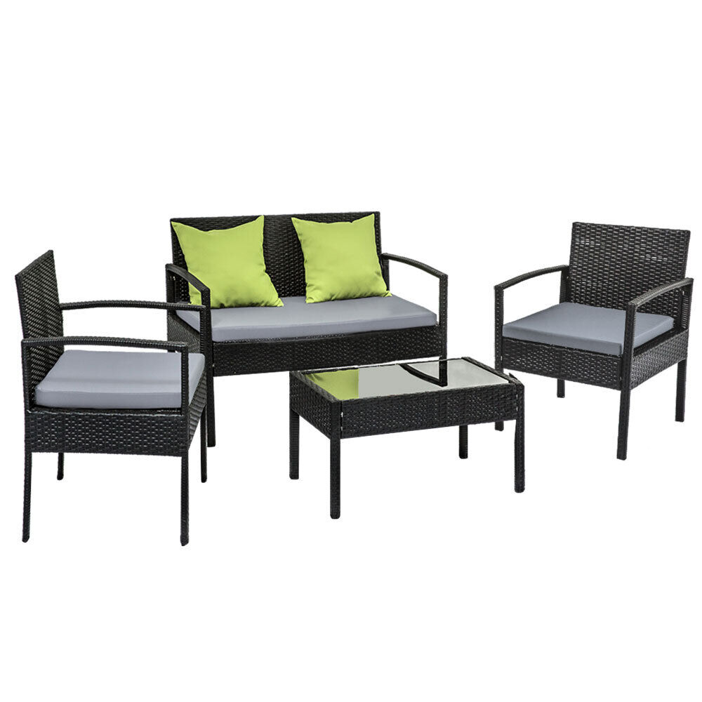 4 Seater Sofa Set Outdoor Furniture Lounge Setting Wicker Chairs Table Rattan Lounger Bistro Patio Garden Cushions Black 4 Seater Sofa Set Outdoor Furniture Lounge Setting Wicker Chairs Table Rattan Lounger Bistro Patio Garden Cushions Black
