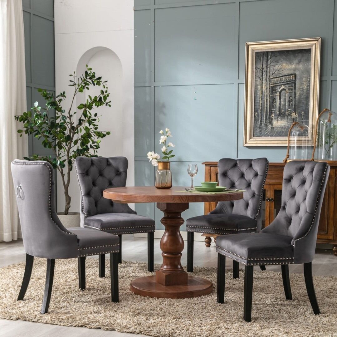 2x Velvet Dining Chairs Upholstered Tufted Kithcen Chair with Solid Wood Legs Stud Trim and Ring 2x Velvet Dining Chairs Upholstered Tufted Kithcen Chair with Solid Wood Legs Stud Trim and Ring