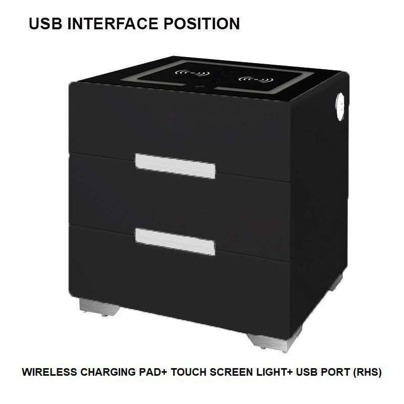 Smart Bedside Tables Side 3 Drawers Wireless Charging USB Left Hand Nightstand LED Light AU Black Smart Bedside Tables Side 3 Drawers Wireless Charging USB Left Hand Nightstand LED Light AU Black