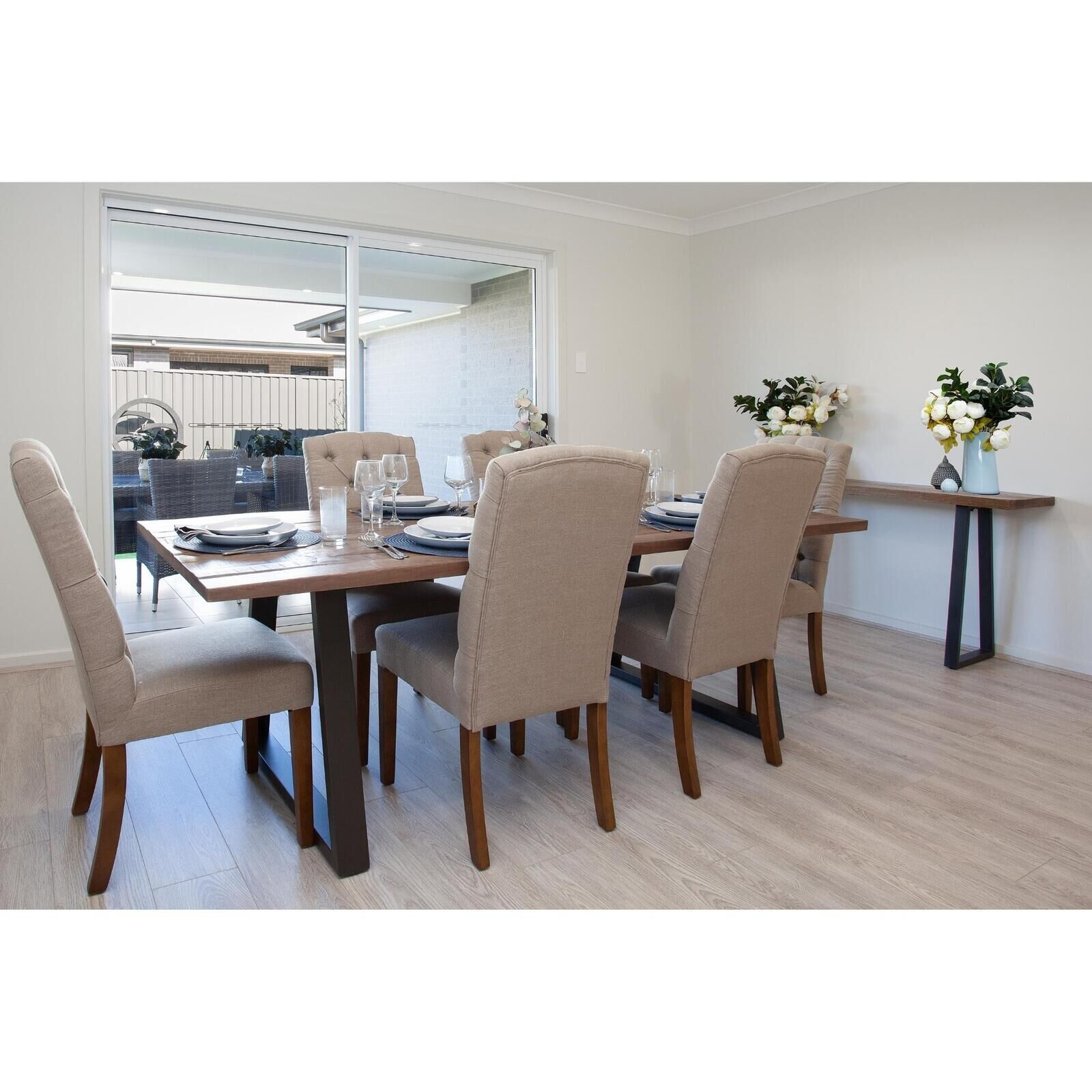 Begonia Dining Set 180cm Live Edge Table Fabric Chair Mango Wood Begonia Dining Set 180cm Live Edge Table Fabric Chair Mango Wood