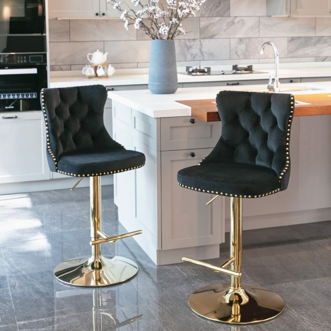 2x Height Adjustable Swivel Bar Stool Velvet Studs Barstool with Footrest and Golden Base 2x Height Adjustable Swivel Bar Stool Velvet Studs Barstool with Footrest and Golden Base
