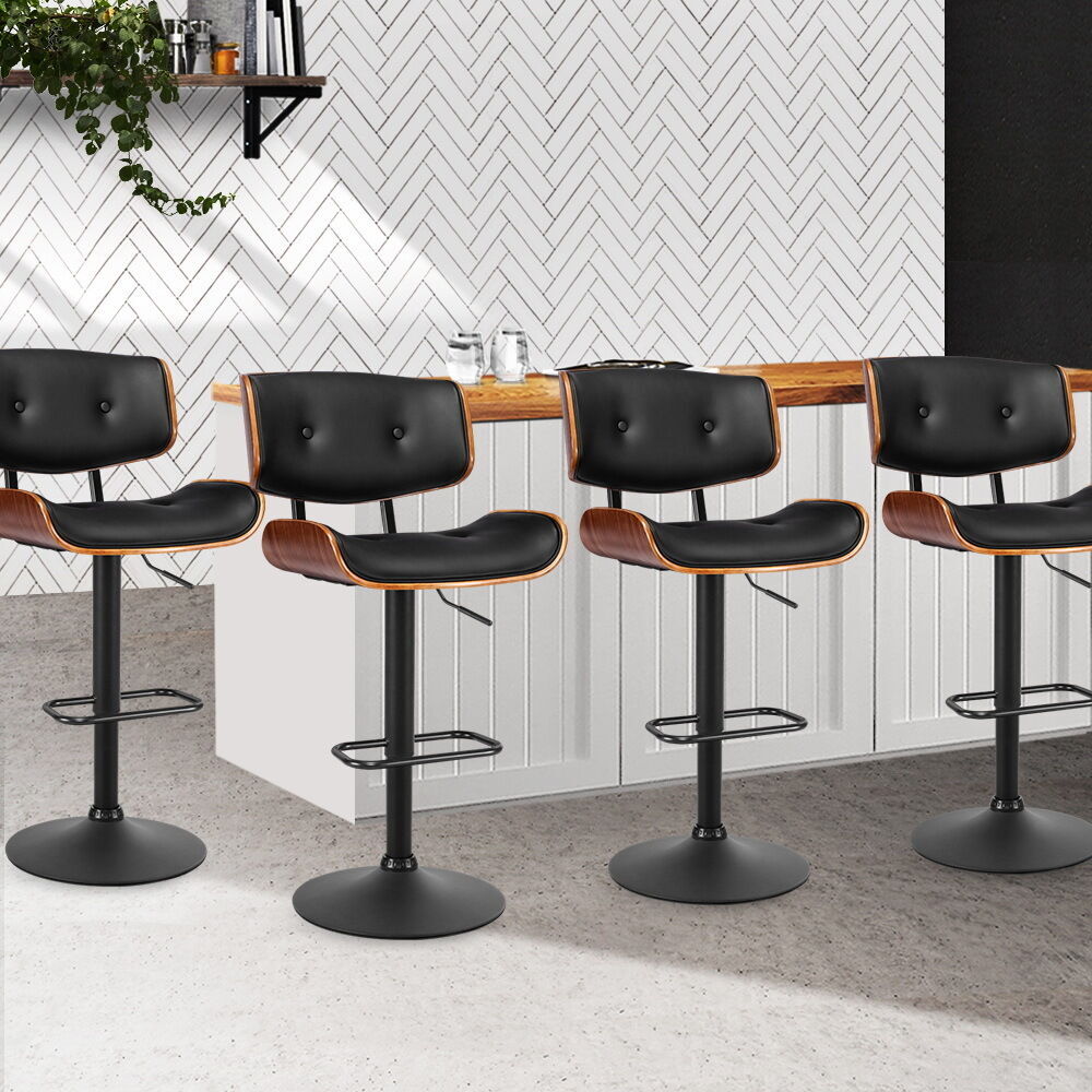 Bar Stool Gas Lift Wooden PU Leather - Black and Wood Bar Stool Gas Lift Wooden PU Leather - Black and Wood