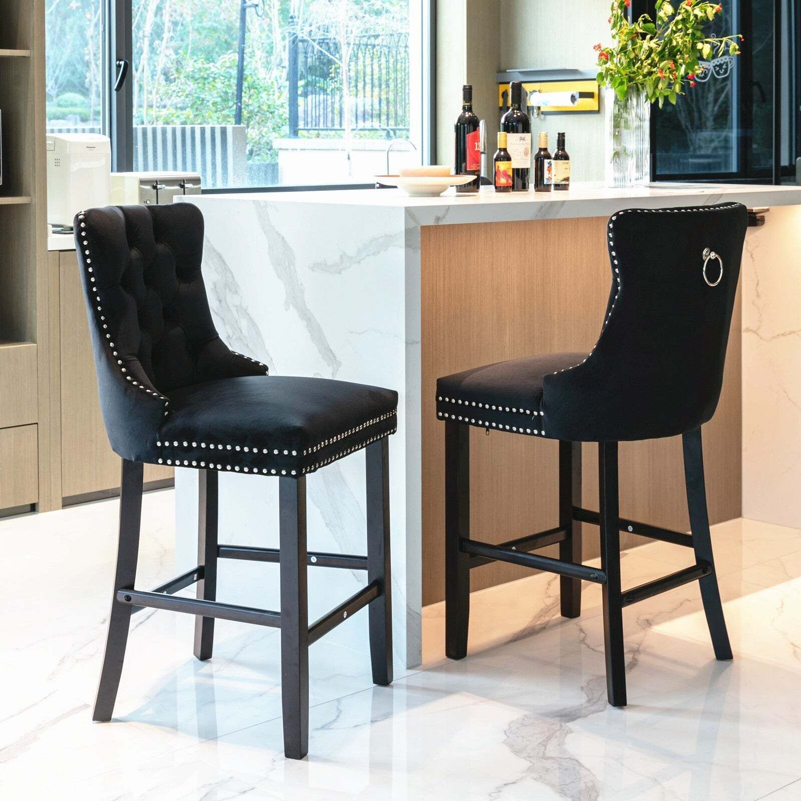 2X Velvet Bar Stools with Studs Trim Wooden Legs Tufted Dining Chairs Kitchen 2X Velvet Bar Stools with Studs Trim Wooden Legs Tufted Dining Chairs Kitchen