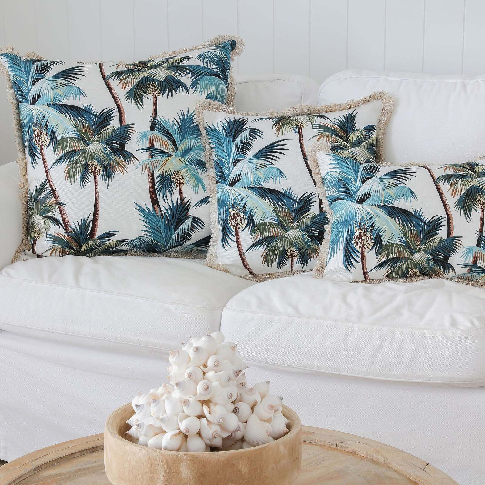 Cushion Cover-Coastal Fringe Natural-Palm Trees White Cushion Cover-Coastal Fringe Natural-Palm Trees White
