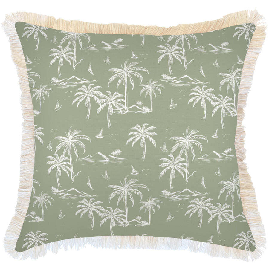 Cushion Cover-Coastal Fringe Natural-Postcards Sage Cushion Cover-Coastal Fringe Natural-Postcards Sage