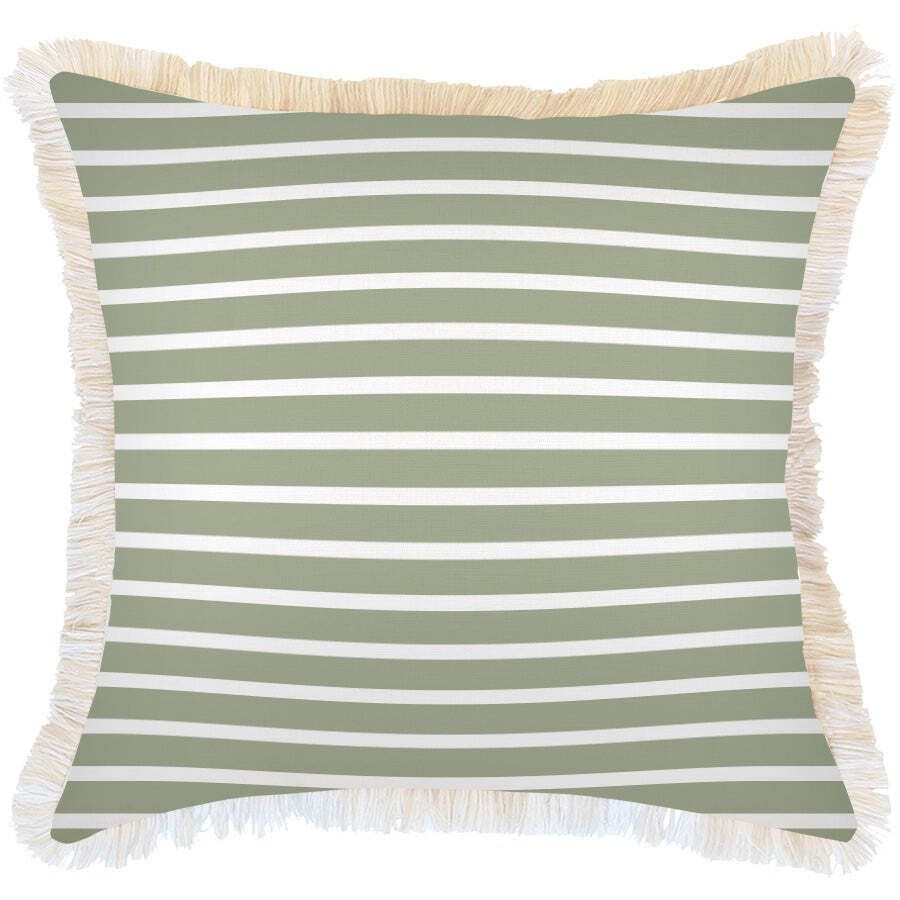 Cushion Cover-Coastal Fringe Natural-Hampton Stripe Sage Cushion Cover-Coastal Fringe Natural-Hampton Stripe Sage