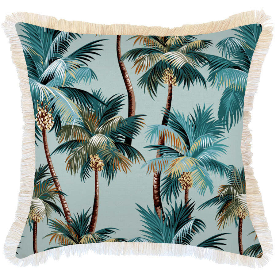 Cushion Cover-Coastal Fringe Natural-Palm Trees Seafoam Cushion Cover-Coastal Fringe Natural-Palm Trees Seafoam