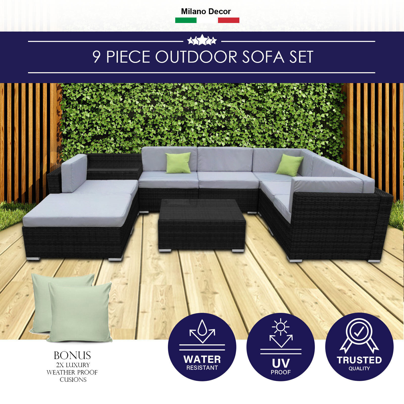 Milano Outdoor 9 Piece Rattan Sofa Set - Black Coating & Grey Seats Milano Outdoor 9 Piece Rattan Sofa Set - Black Coating & Grey Seats