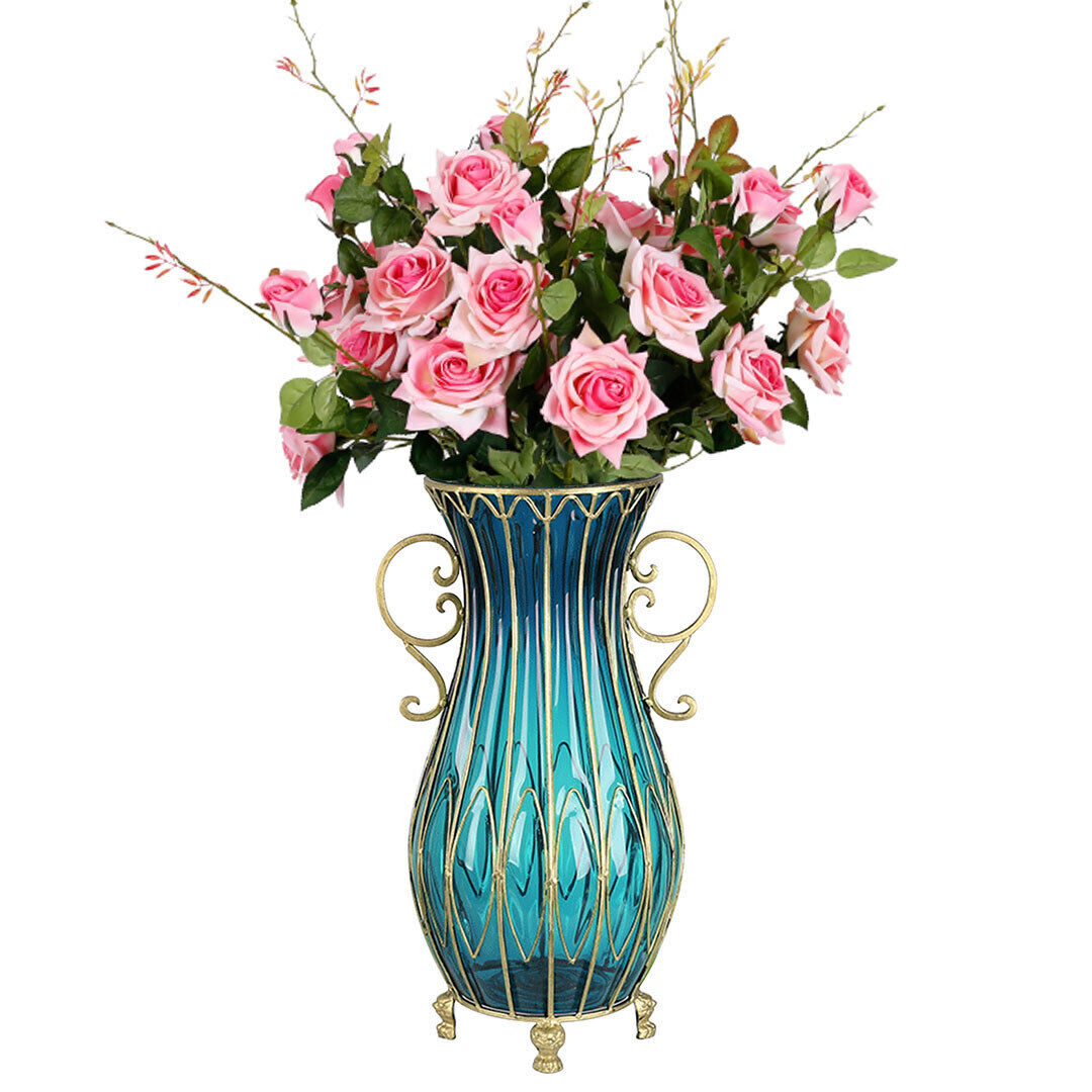 51cm Glass Tall Floor Vase with 12pcs Pink Artificial Fake Flower Set 51cm Glass Tall Floor Vase with 12pcs Pink Artificial Fake Flower Set