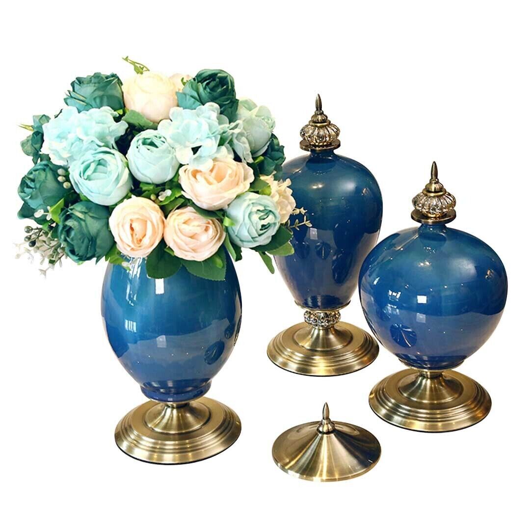 3x Ceramic Oval Flower Vase with Blue Flower Set 3x Ceramic Oval Flower Vase with Blue Flower Set