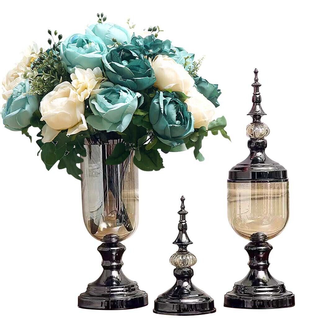 2 x Clear Glass Flower Vase with Lid and Blue Flower Filler Vase Set 2 x Clear Glass Flower Vase with Lid and Blue Flower Filler Vase Set