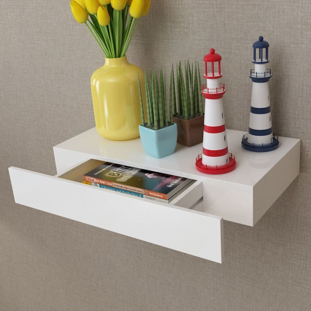 White MDF Floating Wall Display Shelf Drawer Book/DVD Storage White MDF Floating Wall Display Shelf Drawer Book/DVD Storage