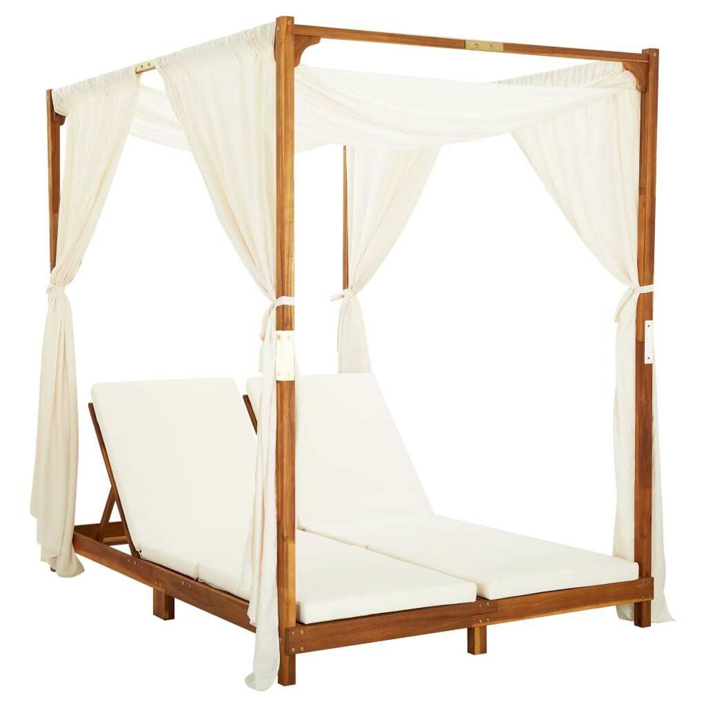 Double Sun Lounger with Curtains & Cushions Solid Acacia Wood Double Sun Lounger with Curtains & Cushions Solid Acacia Wood