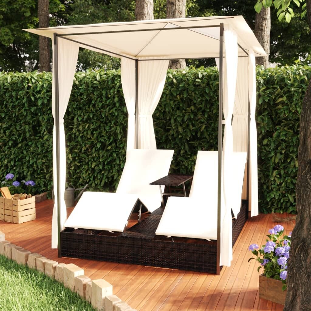 Double Sun Lounger with Curtains Poly Rattan Double Sun Lounger with Curtains Poly Rattan
